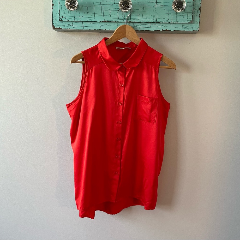 🐝🐝🐝 Olive & Oak, silky tropical orange, sleeveless blouse, L, EUC